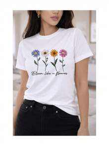 Camiseta casual de manga corta para mujer con estampado de flores, estilo floral minimalista y frase inspiradora - Blanco - Ver 6