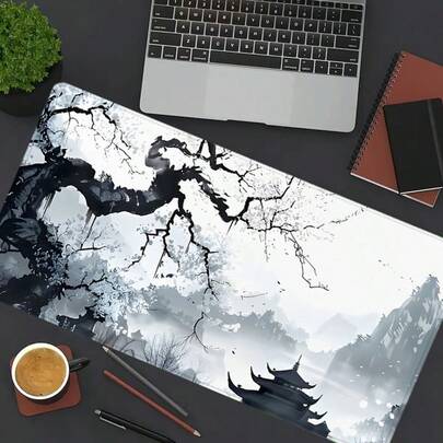 1 miếng lót chuột gaming lớn họa tiết hoa anh đào vẽ mực, thảm bàn phím mở rộng phong cách truyền thống Nhật Bản, phụ kiện bàn làm việc văn phòng chống trượt viền may, đế cao su cho laptop và bàn phím dùng tại nhà & cho game thủ, bền và chống tràn, quà tặng lý tưởng