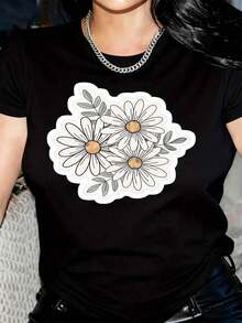 Camiseta de Mujer con Estampado de Margaritas - Lavanda Pastel con Margaritas Blancas y Follaje Verde, Cuello Redondo Suave, Manga Corta, Estilo Casual, Comodidad para Todas las Temporadas, Lavable a Máquina, Versátil para Uso Diario y Formal, Regalo para el Día de San Valentín, Atuendo de Cumpleaños, Blusa Floral para Mujer - Negro - Ver 1