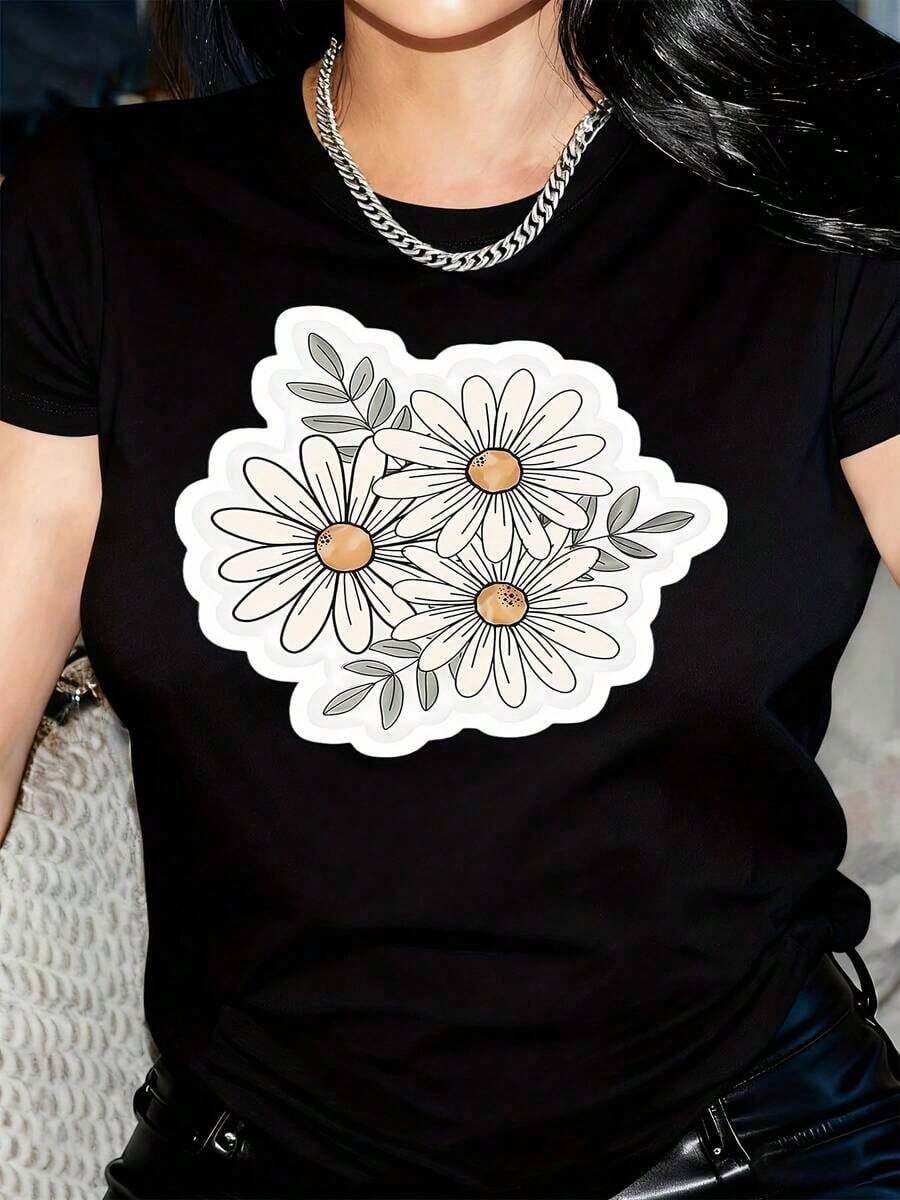 Camiseta de Mujer con Estampado de Margaritas - Lavanda Pastel con Margaritas Blancas y Follaje Verde, Cuello Redondo Suave, Manga Corta, Estilo Casual, Comodidad para Todas las Temporadas, Lavable a Máquina, Versátil para Uso Diario y Formal, Regalo para el Día de San Valentín, Atuendo de Cumpleaños, Blusa Floral para Mujer - Negro - Ver 1