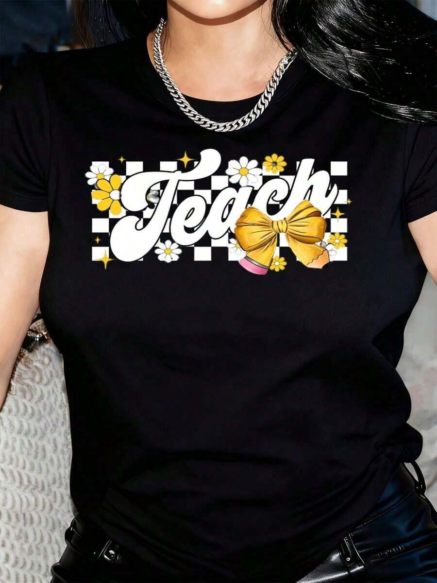 Camiseta de Mujer con Estampado de Moño Amarillo, Margaritas, Estrellas y Abejas, Cuello Redondo, Manga Corta, Casual, Adecuada para Uso Diario al Aire Libre, Perfecta para Todas las Temporadas - Negro - Ver 1
