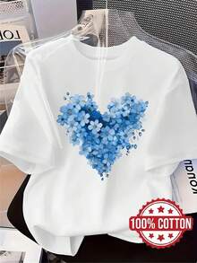New Women's Blue Heart Print T-Shirt,  And Casual Printed Tee, Round Neck, Short Sleeves, Breathable And Sweat-Wicking, Comfortable And Stylish Loungewear, Suitable For Spring, Summer And Autumn. Enhance Your Look EH7I - 白色 - 查看 1