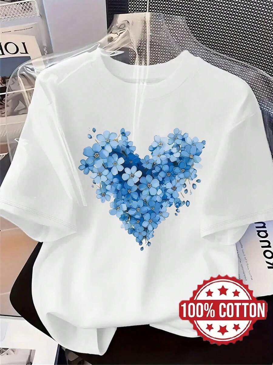 New Women's Blue Heart Print T-Shirt, And Casual Printed Tee, Round Neck, Short Sleeves, Breathable And Sweat-Wicking, Comfortable And Stylish Loungewear, Suitable For Spring, Summer And Autumn. Enhance Your Look EH7I - 白色 - 查看 1