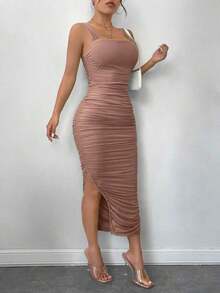 Vestido de graduación; Vestido ajustado de malla con superposición fruncida y abertura en el muslo, vestidos en tonos pastel para mujeres - Albaricoque - Ver 5