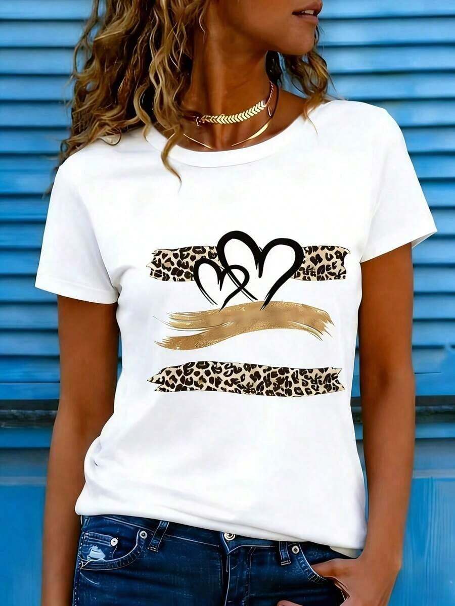 Nueva Camiseta de Verano para Mujer con Estampado de Leopardo y Diseño de Corazón, Cuello Redondo, Manga Corta, Casual y Cómoda - Blanco - Ver 1