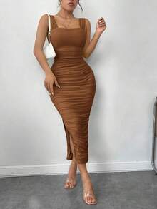 Vestido de graduación; Vestido ajustado de malla con superposición fruncida y abertura en el muslo, vestidos en tonos pastel para mujeres - Marrón - Ver 1