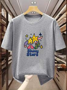 Top femenino manga corta cuello redondo en algodón puro, diseño estampado moderno, tela fresca y aireable, prenda versátil para look casual, ocasiones diarias y encuentros sociales todo el año - Gris - Ver 8