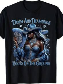 Western Cowboy Boots For Men And Women And Diamond Pattern Denim T-Shirt - Vintage Short Sleeve Crew Neck T-Shirt Made Of 220g Pure Cotton, Suitable For Casual Western Style Outfits, Rodeos And Country Music Festivals. - 黑色 - 查看 6