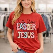 Women's Plus Size Easter Graphic Print Cotton T-Shirt With "Silly Rabbit Easter Is For Jesus" Print, Loose Fit, Short Sleeve, Sizes M-5XL, Casual T-Shirt For Holidays And Christian Occasions, Soft And Comfortable Cotton Fabric, Outfit For Easter Sunday At Church. - 紅色 - 查看 12