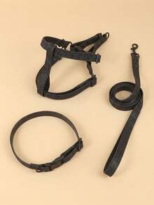 Polyester Black Matte Shiny Collar, Harness, And Leash 3 Pieces Set, Suitable For Small Poodle And Bichon Frise Year-Round Outdoor Play (Not Suitable For Large Dog Breeds) - Black - View 8
