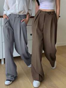 1 pieza Pantalón de vestir de cintura alta con bolsillos en diagonal, atuendo de negocios para mujer - Marrón - Ver 3