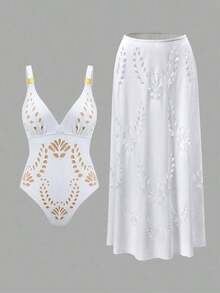 Swim Oasis Conjunto de traje de baño de una pieza con falda acampanada a juego, estampado floral blanco, romántico, para vacaciones, nuevo para primavera/verano 2022 - Blanco - Ver 10