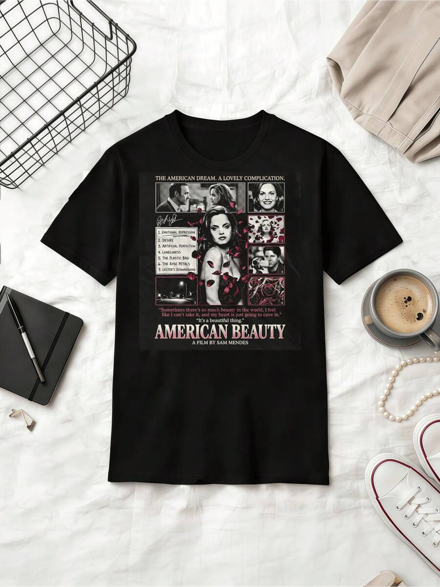 1999 Film Graphic Tee Rose Petals Cinema Shirt - Black - View 1