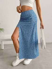 Falda larga con diseño floral pequeño y abertura en el dobladillo - Azul - Ver 4