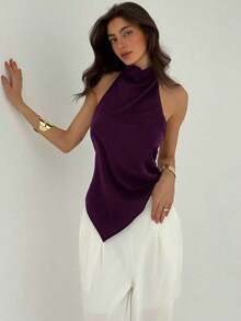 Blusa de mujer de unicolor con cuello halter, pliegues y bajo asimétrico - Morado - Ver 4