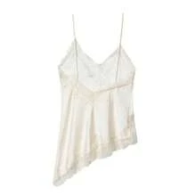 Camiseta de tirantes con decoración de encaje y bajo asimétrico, estilo europeo y americano de moda para mujer, Camellia - Beis - Ver 4