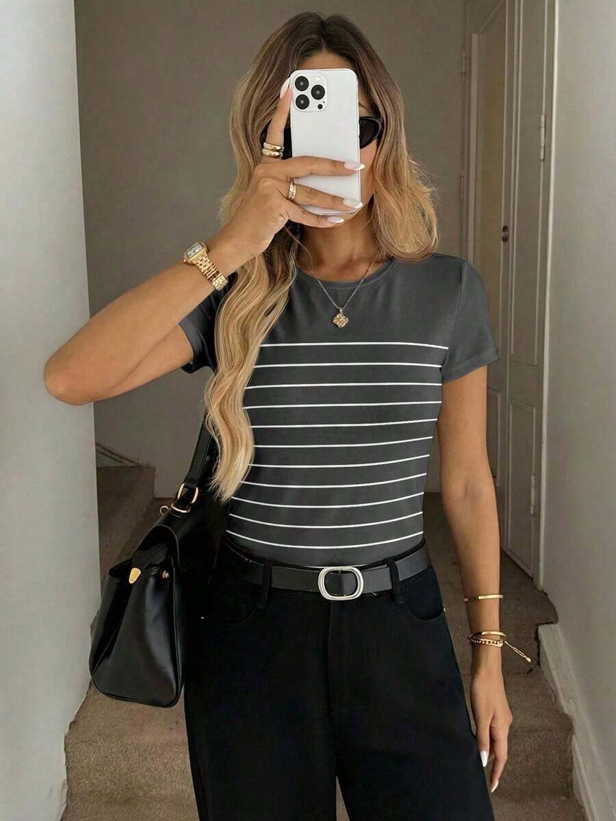 Camiseta de manga corta ajustada de cuello redondo minimalista casual para mujer, adecuada para primavera/verano - Multicolor 4 - Ver 1