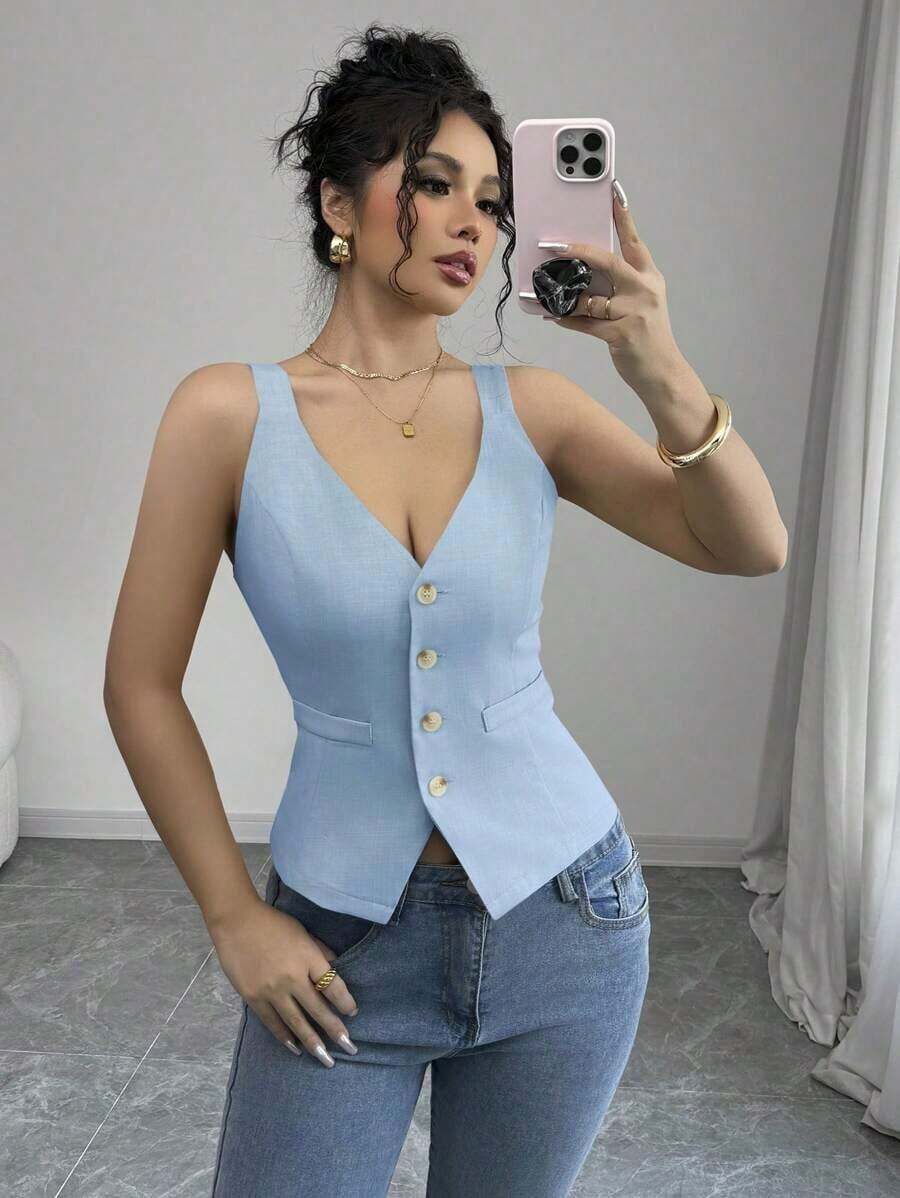 Camiseta sin mangas de un solo pecho de unicolor casual para mujer - Celeste - Ver 1