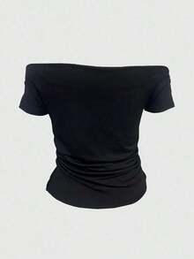 Camiseta minimalista de un solo color y hombros descubiertos para mujer, para uso diario - Negro 2 - Ver 4
