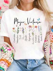 1 Pc Cotton Women's Virtuous Woman God Says You Are Spanish Religious Phrases T-Shirt Graphic Tees Women 180g 100% Cotton - 白色 - 查看 7