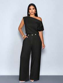Blusa elegante de un solo hombro con botones metálicos, sin mangas, de unicolor, para uso en la oficina, citas, eventos y uso diario modesto - Negro - Ver 3