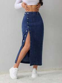 Tall Falda vaquera de mujer, casual, suelta, con abertura lateral, falda midi azul, falda larga para mujeres, falda azul claro, falda azul, ropa de invierno para mujer - Azul lavado oscuro 2 - Ver 7