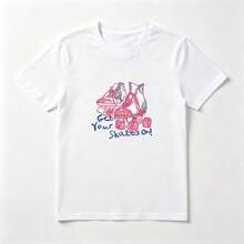 Camiseta Algodón Mujer Estampado Patines Rosa - Diseño Divertido Casual - Blanco - Ver 1