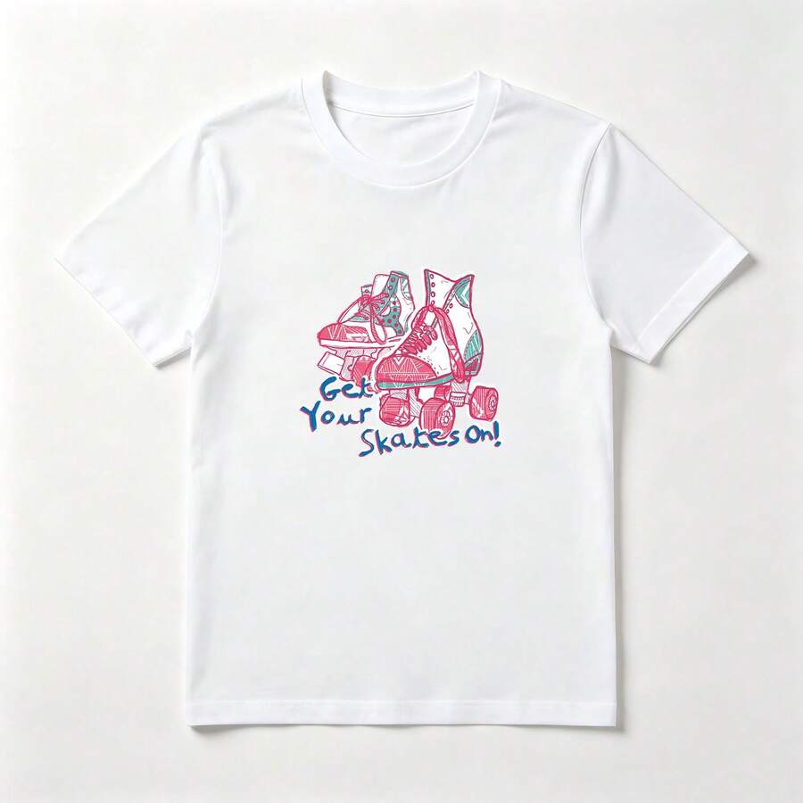Camiseta Algodón Mujer Estampado Patines Rosa - Diseño Divertido Casual - Blanco - Ver 1