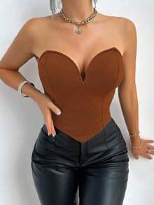 Top Sin Tirantes De Color Sólido Para Mujer - Óxido marrón - Ver 5