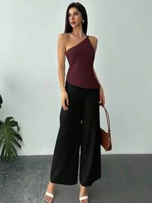 Nueva llegada Primavera/Verano Elegante Top casual de lino color albaricoque con cintura fruncida, bajo asimétrico y espalda descubierta - Burdeos - Ver 6
