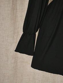 ICON Vestido mini de talla grande de unicolor casual con parches de encaje para mujer, ropa de otoño - Negro - Ver 8