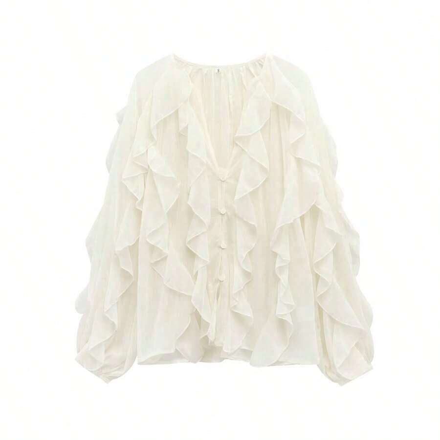 Blusa elegante de mujer con cuello en V, abotonada, de manga larga, con decoración laminada, color liso, Primavera 2025 - Blanco - Ver 1