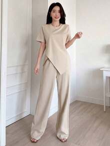 1 Conjunto de Camiseta de Manga Corta Asimétrica y Pantalones Casuales de Pierna Ancha para Mujer, Conjunto de Dos Piezas para Mujer - Albaricoque - Ver 4