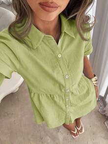 Vestido corto de un solo pecho de unicolor cómodo y casual para mujer - Verde - Ver 6