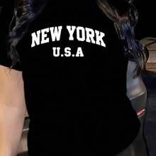 Blusa Juvenil De Algodon Para Dama Manga Corta Cuello Redondo, Moda Con Estilo Diseño NEW YORK, Prenda Básica Fresca y ligera Para Uso Diario - Negro - Ver 4