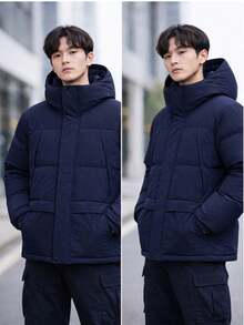 Men's Outdoor Winter Jacket, Thick Padded With Removable Hood - Navy Blue - View 2