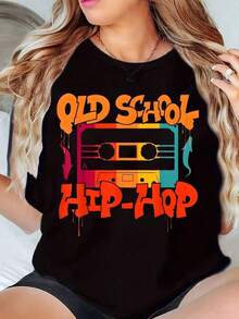 Women's Short-Sleeved T-Shirt, Old School Hip-Hop Style With Tape Print, Casual Urban Clothing Top, 220g, For Leisure Time. - 黑色 - 查看 6
