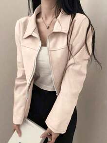 Chaqueta con cremallera de unicolor y cuello de ante sintético para mujer, uso casual para la escuela, el aeropuerto, primavera/otoño - Albaricoque - Ver 5