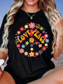 Camiseta Vintage con Estampado de Amor, Paz y Flower Power para Mujer, Estilo Boho, Cuello Redondo, Manga Corta, Blanca, para Chicas y Mujeres. Estampados Divertidos, Adecuada para el Día de San Valentín, el Hogar, Caminar, Deportes, Fiestas, Regalos de Vacaciones, Camiseta de Mujer, 220g, Moda.ropa de calor mujer - Negro - Ver 1