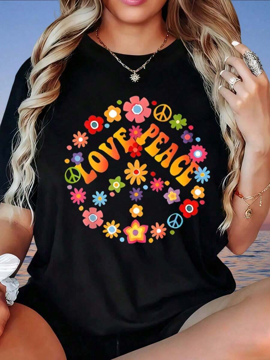 Camiseta Vintage con Estampado de Amor, Paz y Flower Power para Mujer, Estilo Boho, Cuello Redondo, Manga Corta, Blanca, para Chicas y Mujeres. Estampados Divertidos, Adecuada para el Día de San Valentín, el Hogar, Caminar, Deportes, Fiestas, Regalos de Vacaciones, Camiseta de Mujer, 220g, Moda.ropa de calor mujer - Negro - Ver 1