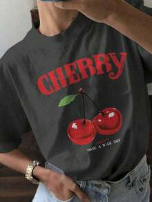 Plus Size Short-Sleeved T-Shirt With A Simple Summer Scene Print, Round Neck, Very Loose Fit - 黑色 - 查看 3