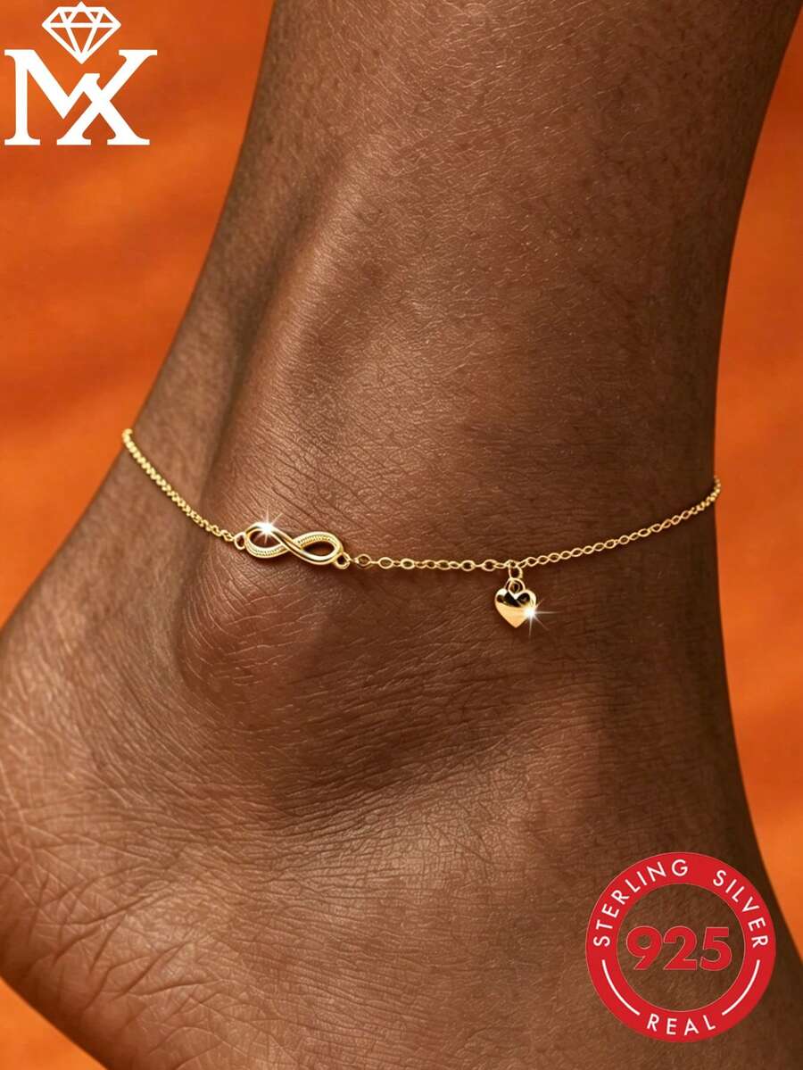 SYMFNY 1 pieza Tobillera de plata de ley 925 con encanto de infinito y corazón de circonita artificial, elegante y versátil, adecuada para el verano y el Día de San Valentín - Amarillo Oro - Ver 1