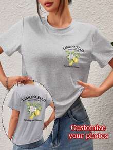 Personalized Women's T-Shirt - Add Your Text And Photos (Landscape/Badge/Couple/Family/Selfie/Pet), Printable On The Front And Back, Suitable For Summer Travel, Girlfriend Gift, Personalized Women's T-Shirt, Women's Top, Fashion, Casual, Minimalist, Personalized, Unique, Men's Clothing, Black Capsule Wardrobe, For The Family - 淺灰色 - 查看 3