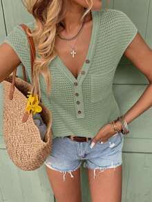 Camiseta de punto de gofre de cuello en V sólido, de manga corta, casual para primavera y verano - Verde - Ver 6