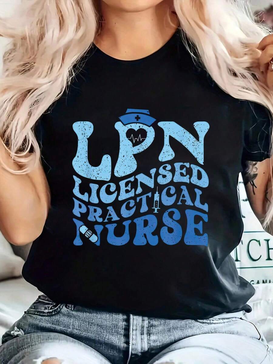 Camiseta de Tela Suave con Estampado de Letras, Fibra de Poliéster, Estilo Casual, Cuello Redondo, Camiseta de Moda A90199 - Negro - Ver 1