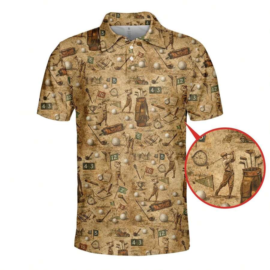 Unique Mens Golf Scorecard Vintage Cotton-Feel Soft-Touch Short Sleeve Three-Button Polo Shirt Personalized Vibe Party Daily Wear Stylish - Black - View 1