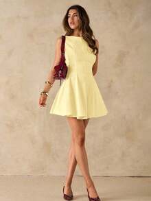 Vestido negro sólido, minimalista y sexy de corte evasé en tono burdeos para mujer, vestido para citas, vestido de dama de honor corto, vestido negro elegante para primavera/verano - Amarillo - Ver 7