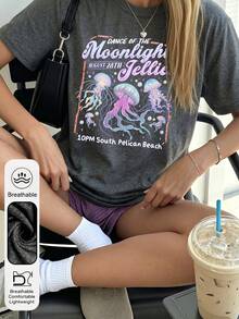 大码女式日常旅行水母星露水谷图案圆领短袖浪漫夏季女式深灰色上衣T恤休闲 - 深灰色 - 查看 2