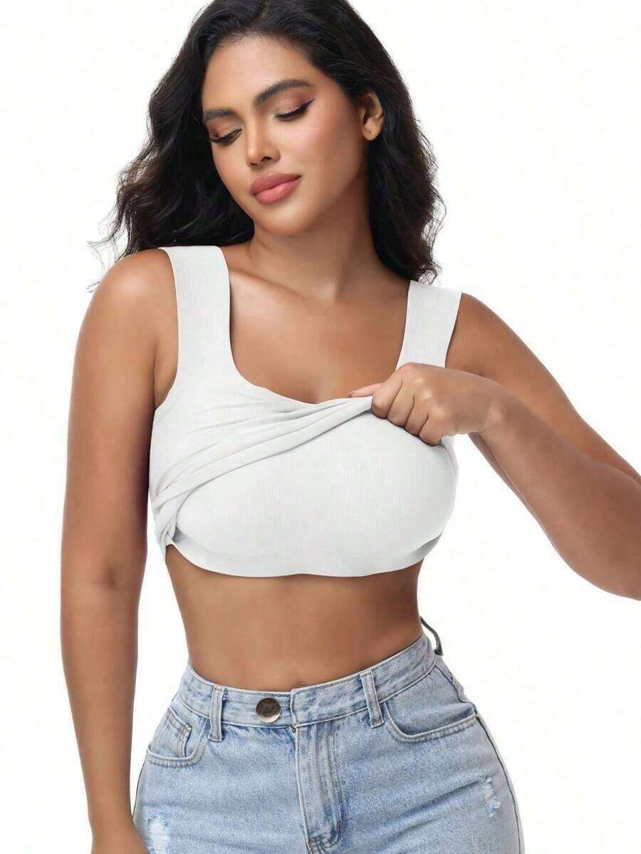 Wire Free Padded Tank Top Ribbed Knit Square Neck Wide Strap Built In Bra Slim Fit Undershirt Black White Streetwear