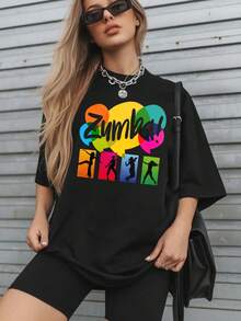 1 Pieza 180g Camisetas Para Mujer, Camiseta Hombre, camiseta informal de algodón con cuello redondo. Camiseta deportiva para mujer. Diseñadas por artistas de la generación Y2K al estilo Bababask, confeccionadas en algodón 100% puro. Diseño de patrón de dibujos animados creativos, cómoda manga corta, zumba - Negro 3 - Ver 6